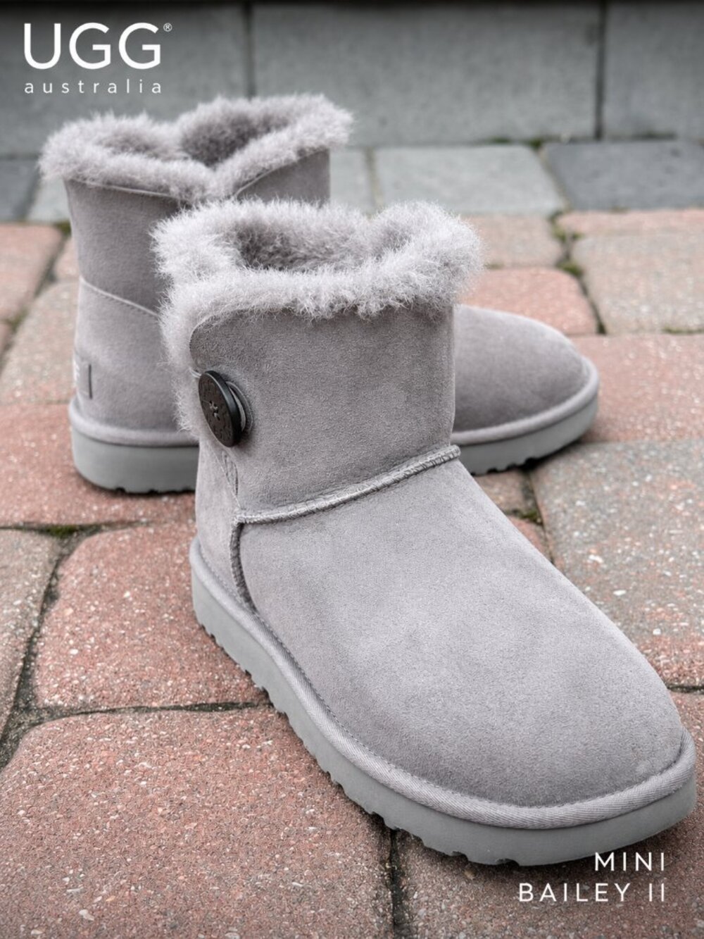 UGG Mini Bailey Button II Boots Gray Sheepskin Suede Women's US 10 EU 41